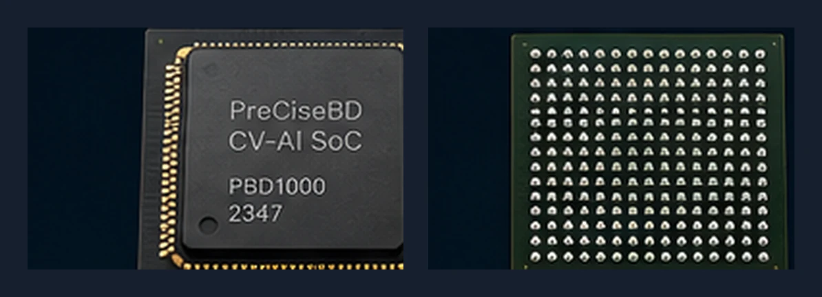 PreCiseBD CV-AI SoC chip package, front view with markings and back view showing the BGA solder-ball grid